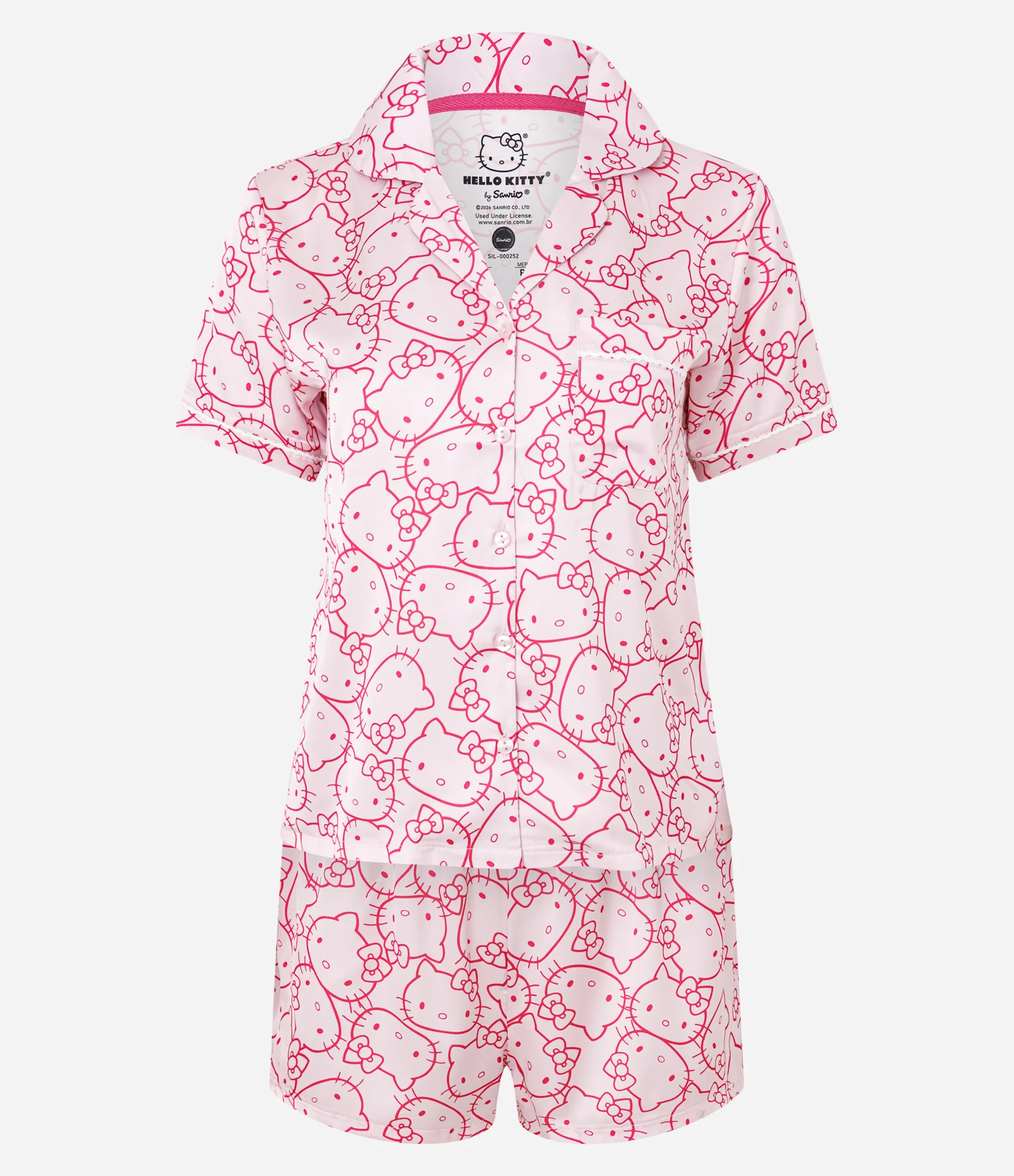 Pijama Americano em Cetim com Estampa Hello Kitty Rosa 1