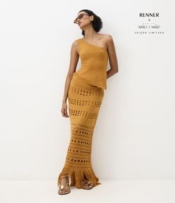 Saia Midi em Tricô com Ponto Vazado e Franjas