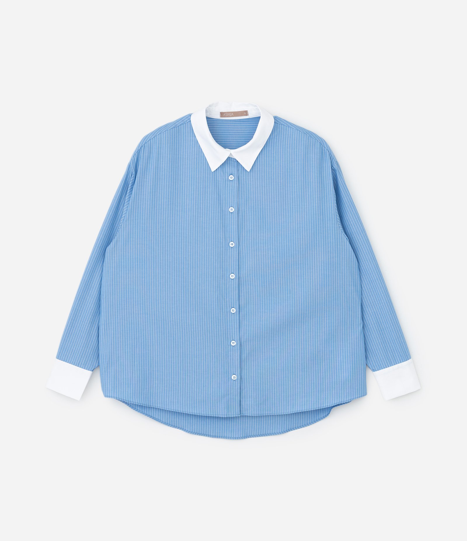 Camisa Manga Longa Listrada com Gola e Punhos Contrastantes Curve & Plus Size Azul 1