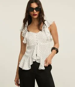 Blusa Peplum em Crepe com Babado no Ombro e Estampa Poá