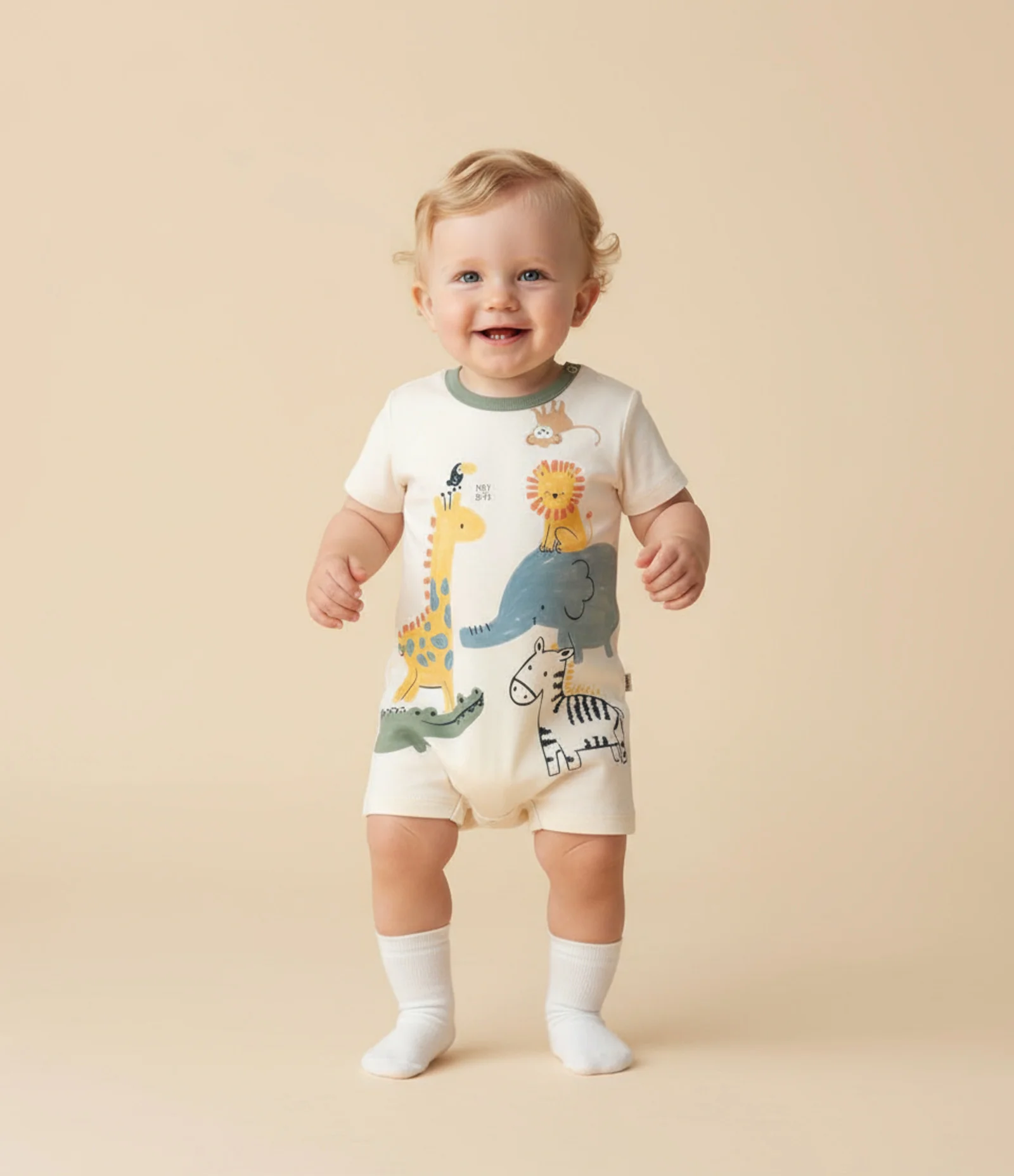 Macaquinho Infantil com Estampa Animais Empilhados - Tam 0 a 18 meses Bege 1