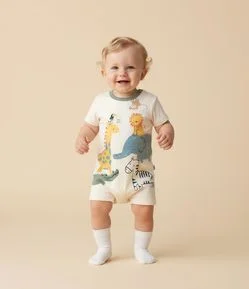 Macaquinho Infantil com Estampa Animais Empilhados - Tam 0 a 18 meses