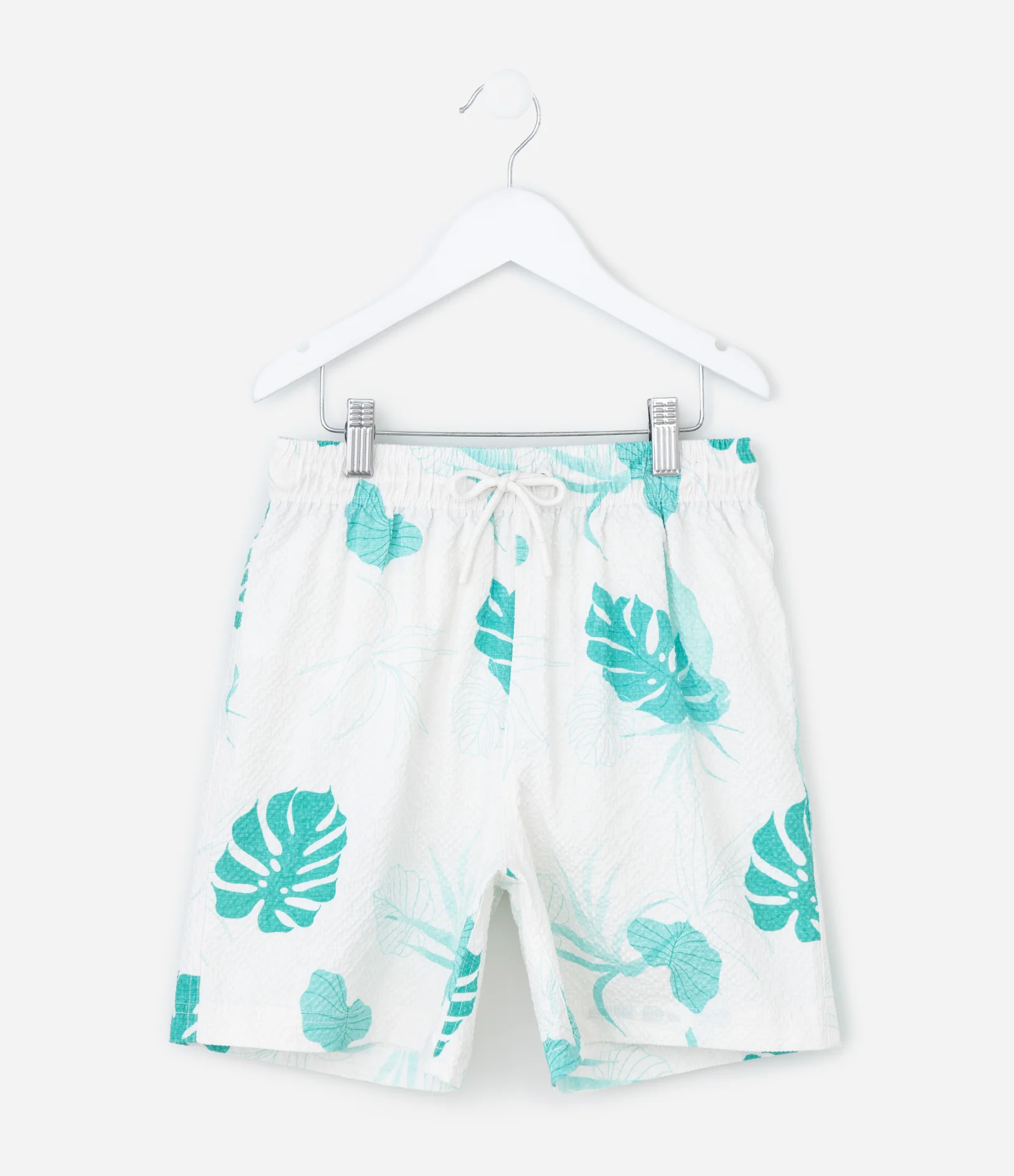 Bermuda Infantil de Banho em Anarruga com Estampa de Folhagens - Tam 5 a 14 Anos Branco 1
