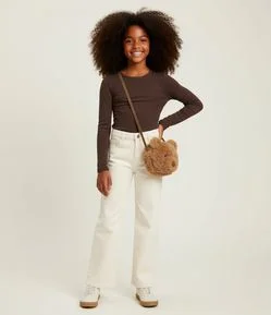 Calça Infantil Wide Leg em Sarja com Broderie na Barra - Tam  7 a 14 Anos