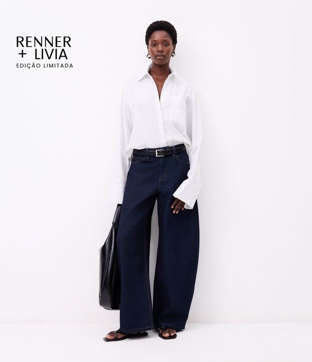 Calça Barrel Maxi Oversized Alfaiatada Cintura Baixa em Jeans com Pesponto Contrastante