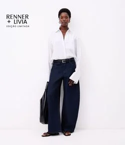 Calça Barrel Maxi Oversized Alfaiatada Cintura Baixa em Jeans com Pesponto Contrastante