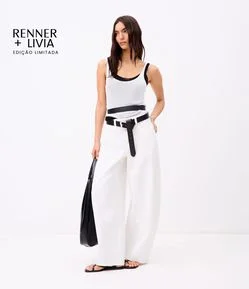 Calça Barrel Maxi Oversized Alfaiatada em Sarja com Cintura Baixa