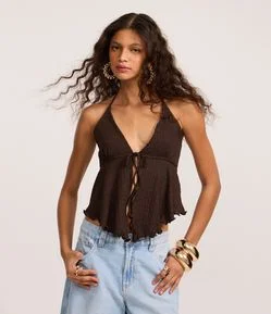 Blusa Frente Única Texturizada com Amarração e Barra Nuvem