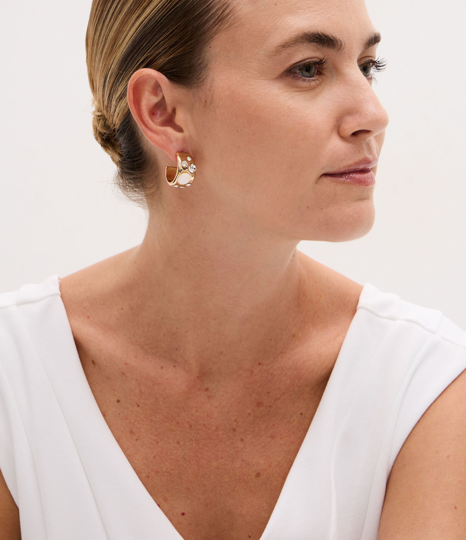 Kit 03 Argolas Metalizadas com Madrepérola e Strass Dourado 4