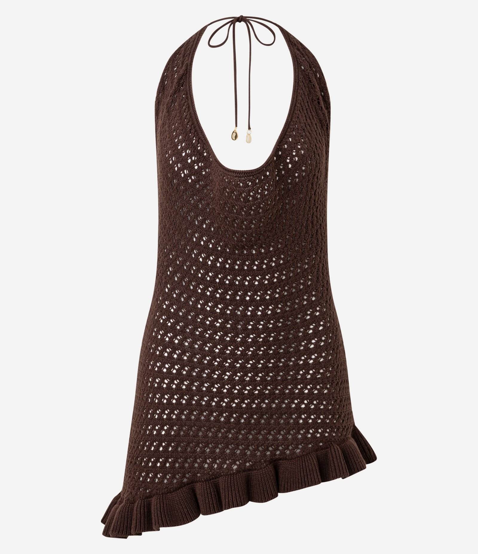 Saída de Praia Vestido em Tricô com Decote Degagê Marrom 10