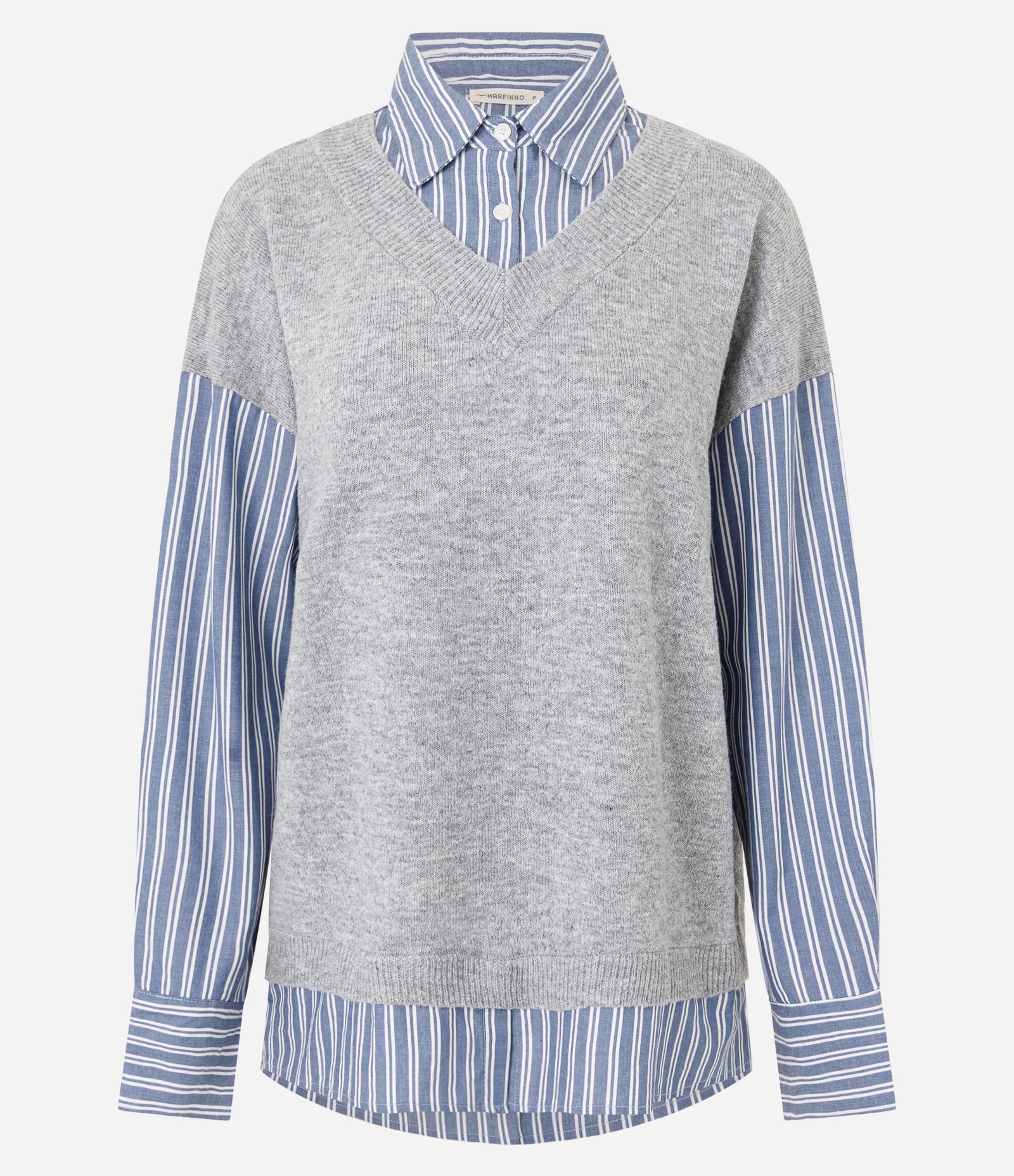 Camisa Alongada com Colete em Tricô Sobreposto Azul/Cinza Claro 5