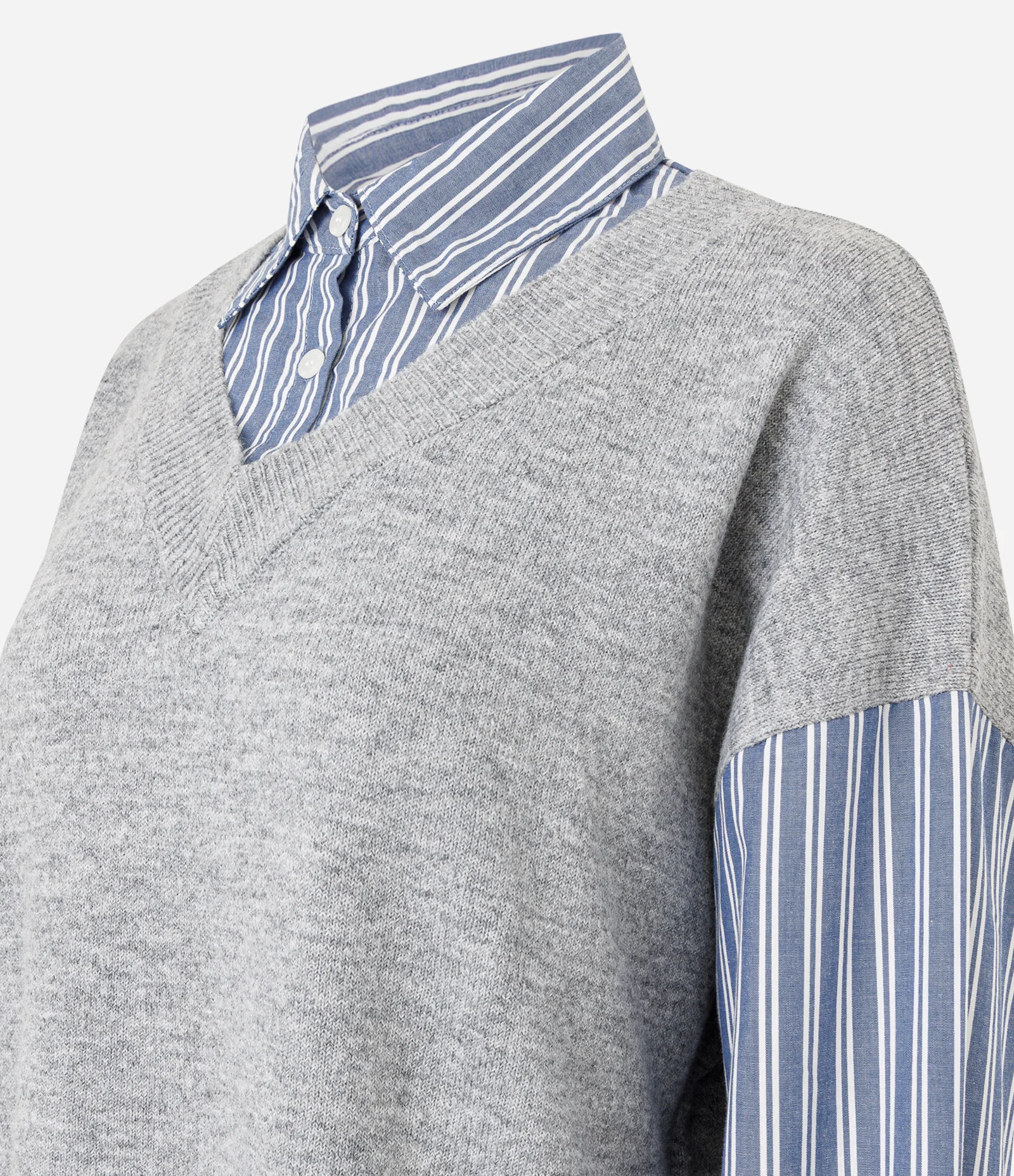 Camisa Alongada com Colete em Tricô Sobreposto Azul/Cinza Claro 6