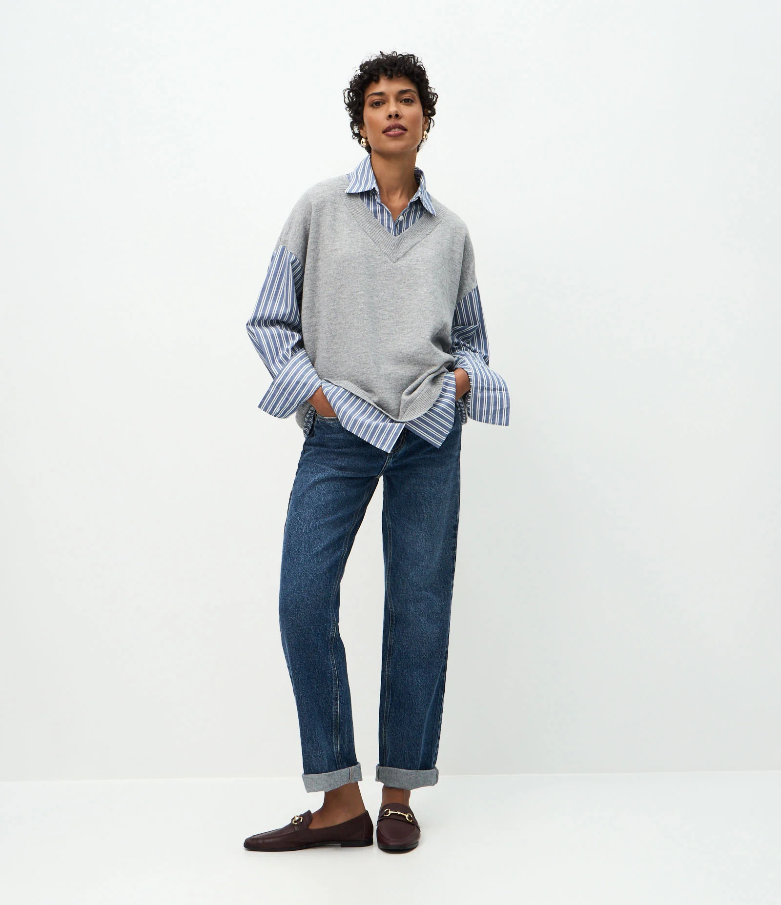 Camisa Alongada com Colete em Tricô Sobreposto Azul/Cinza Claro 2