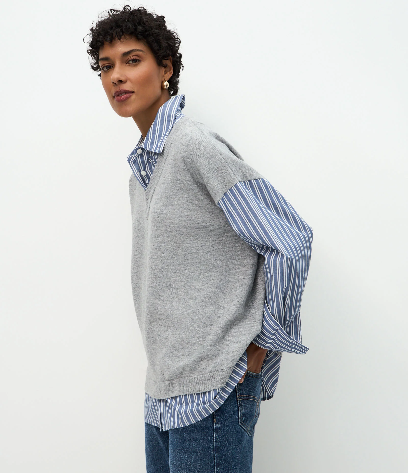 Camisa Alongada com Colete em Tricô Sobreposto Azul/Cinza Claro 3