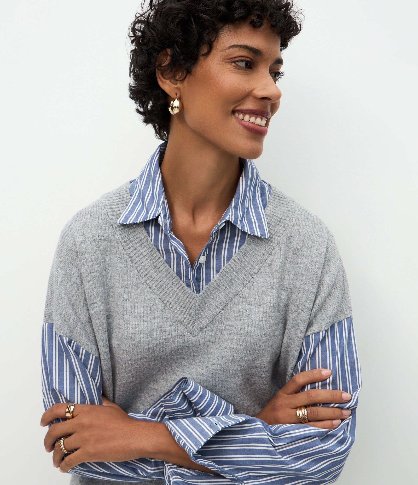 Camisa Alongada com Colete em Tricô Sobreposto Azul/Cinza Claro 4