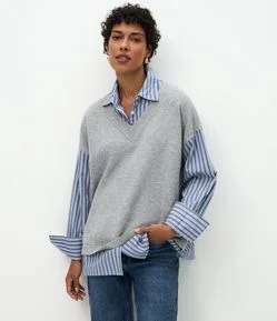 Camisa Alongada com Colete em Tricô Sobreposto