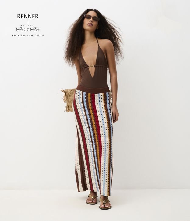 Saia Midi em Tricô com Listras Verticais