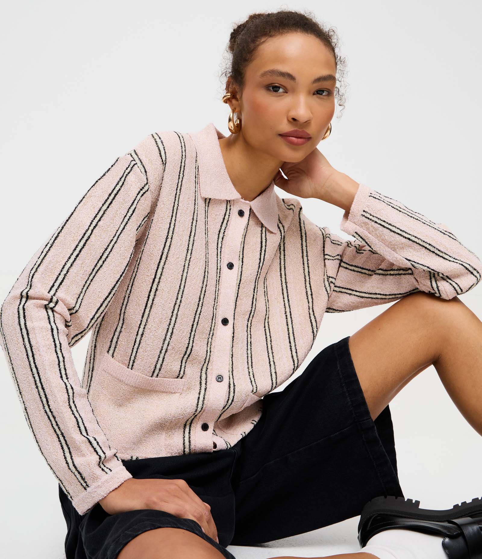 Cardigan em Tricô com Gola Polo e Bolsos Frontais Rosa Claro 1