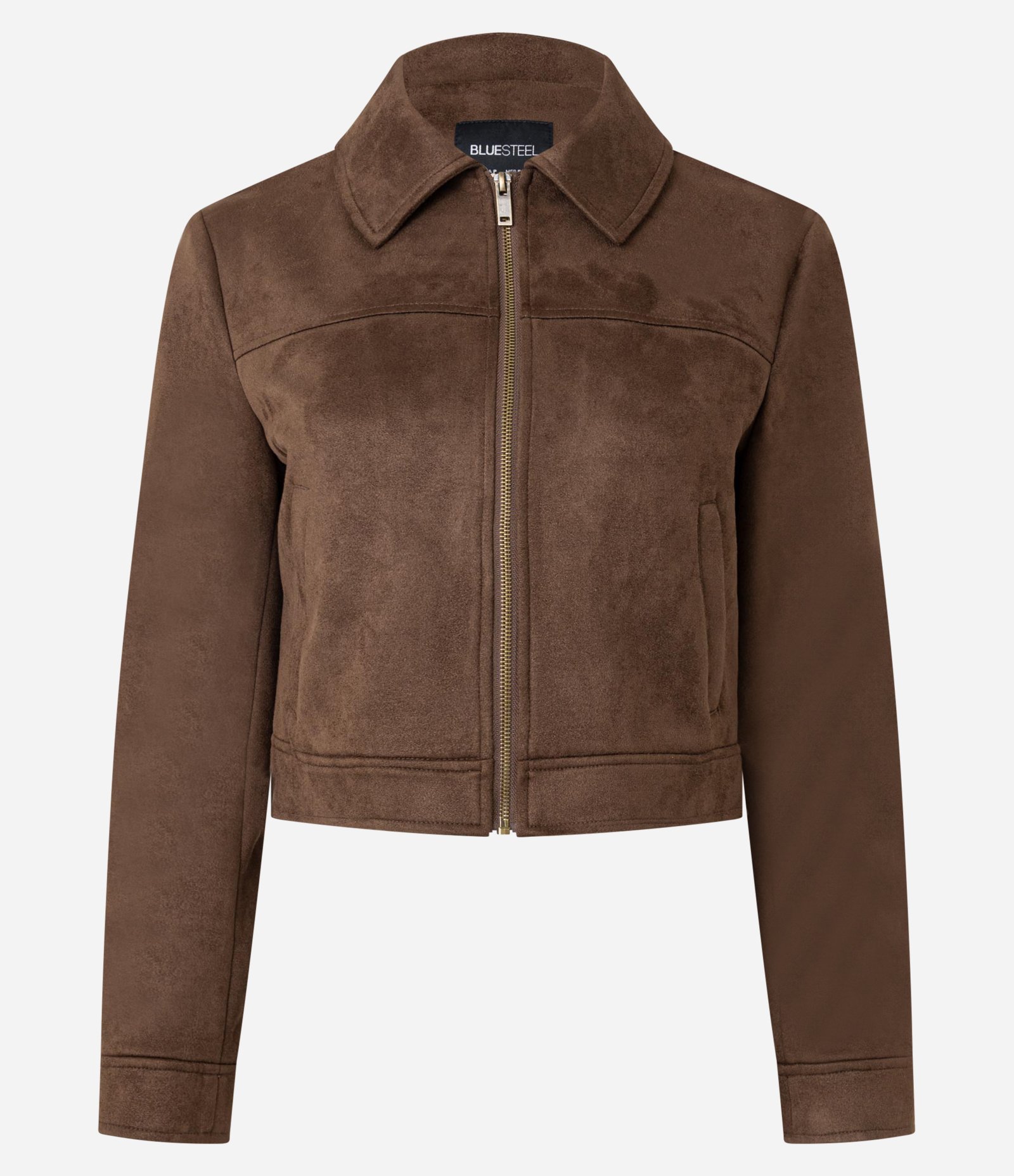 Jaqueta em Suede com Gola de Lapela e Bolso Lateral Marrom 1