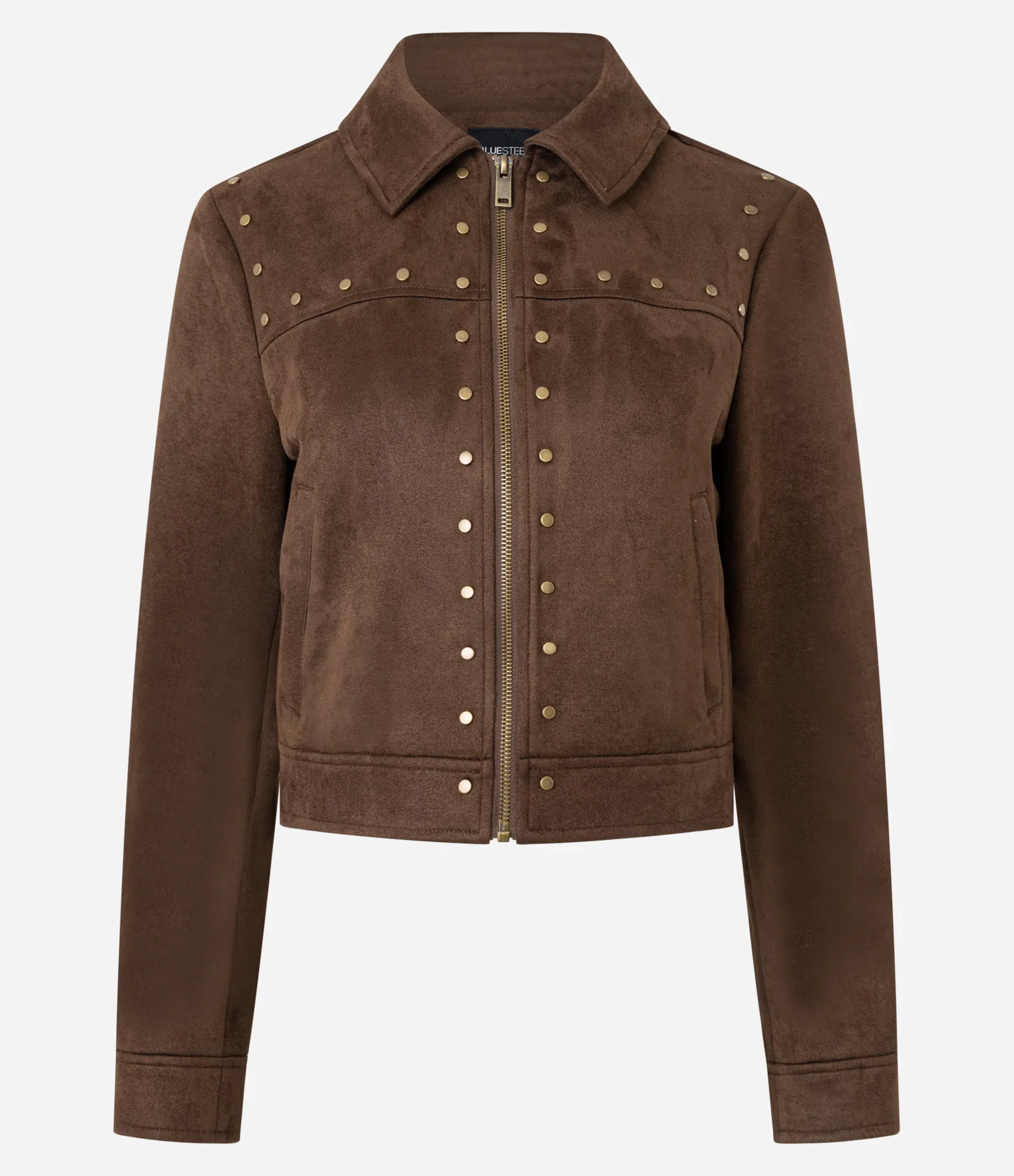 Jaqueta em Suede com Tachinhas e Gola Colarinho Marrom 1