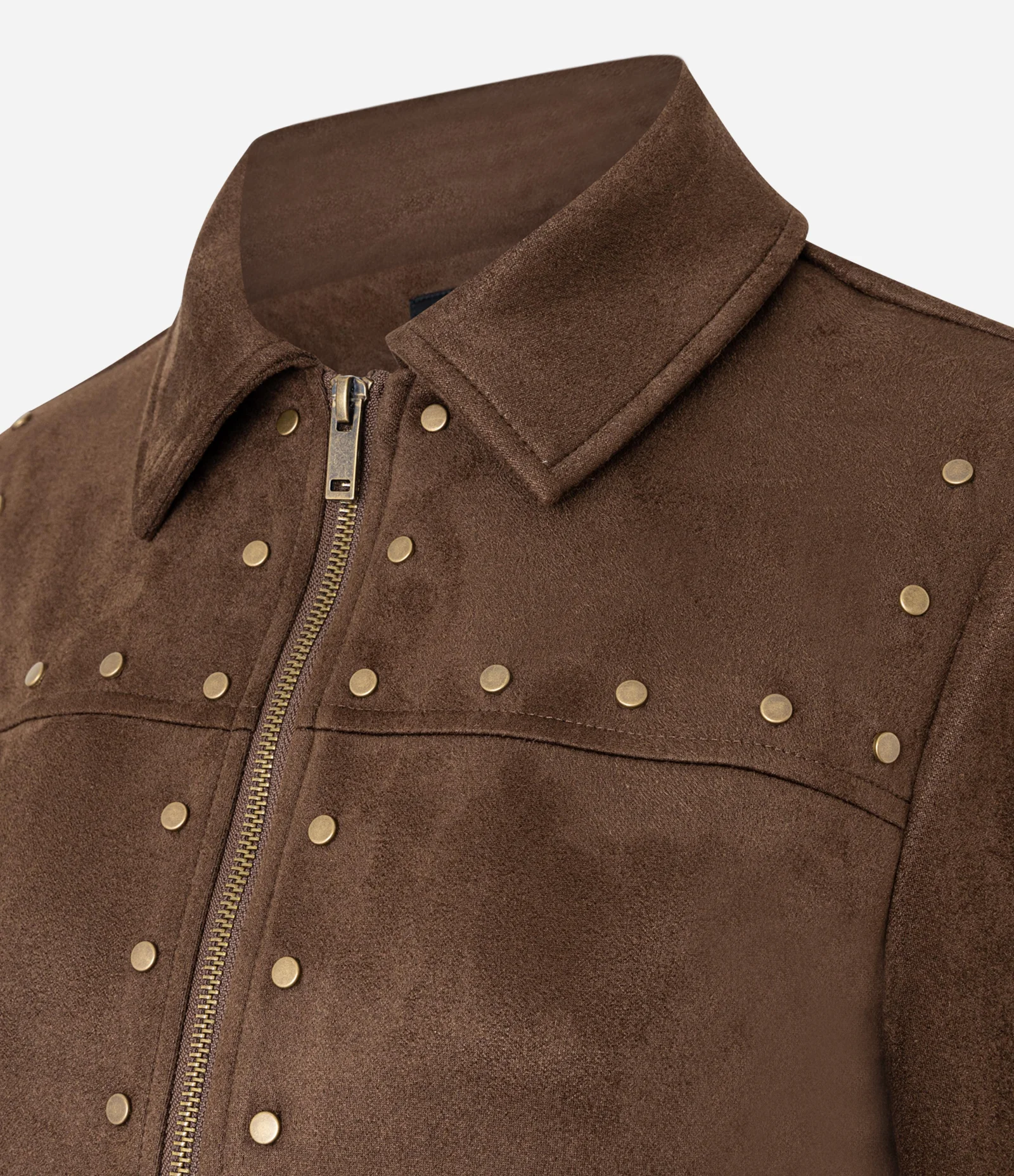 Jaqueta em Suede com Tachinhas e Gola Colarinho Marrom 2