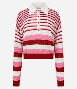 Blusa Polo Manga Longa em Tricô com Estampa Listrada
