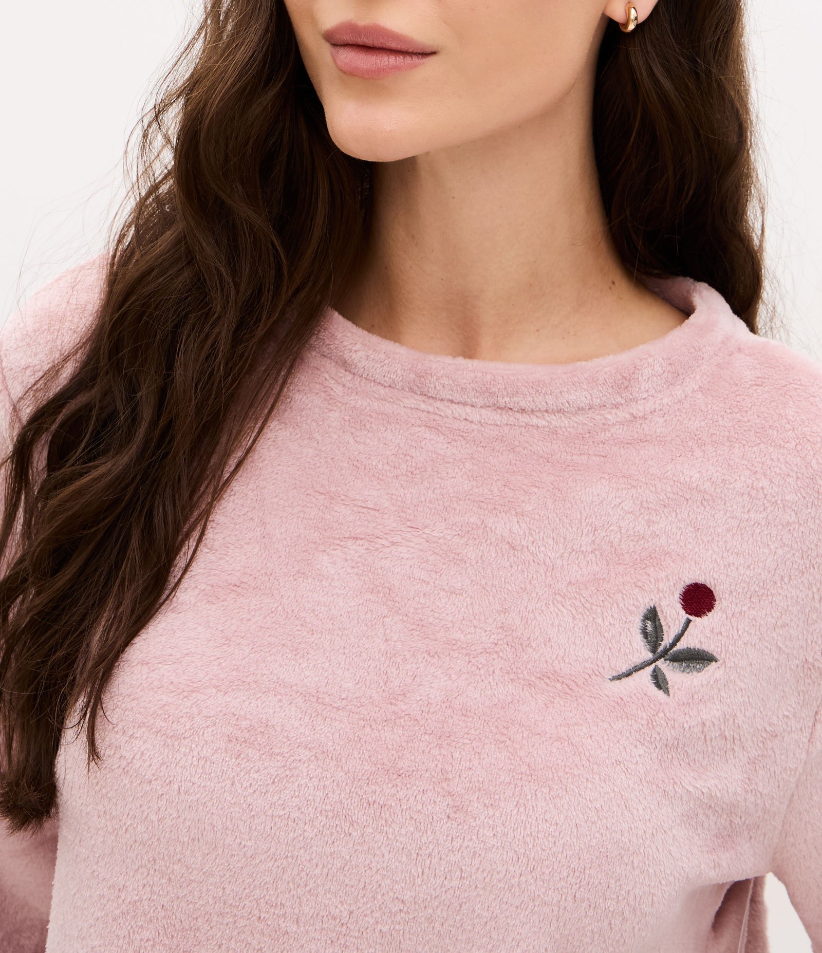 Pijama Longo em Fleece Com Estampa de Listras e Bordado de Flor Rosa 3