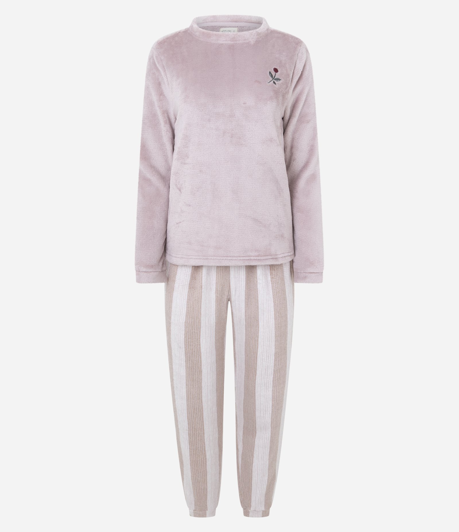 Pijama Longo em Fleece Com Estampa de Listras e Bordado de Flor Rosa 5