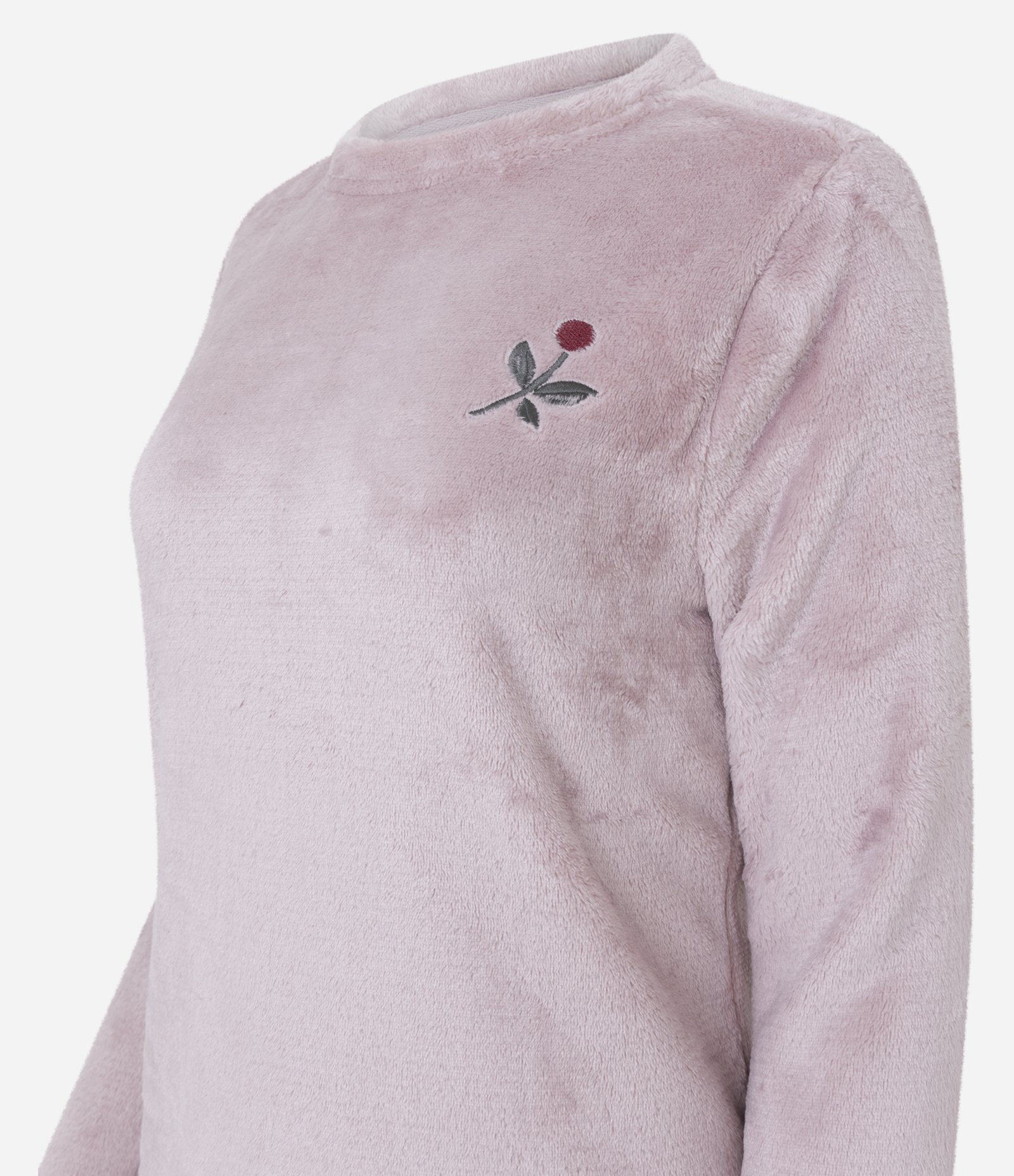 Pijama Longo em Fleece Com Estampa de Listras e Bordado de Flor Rosa 6