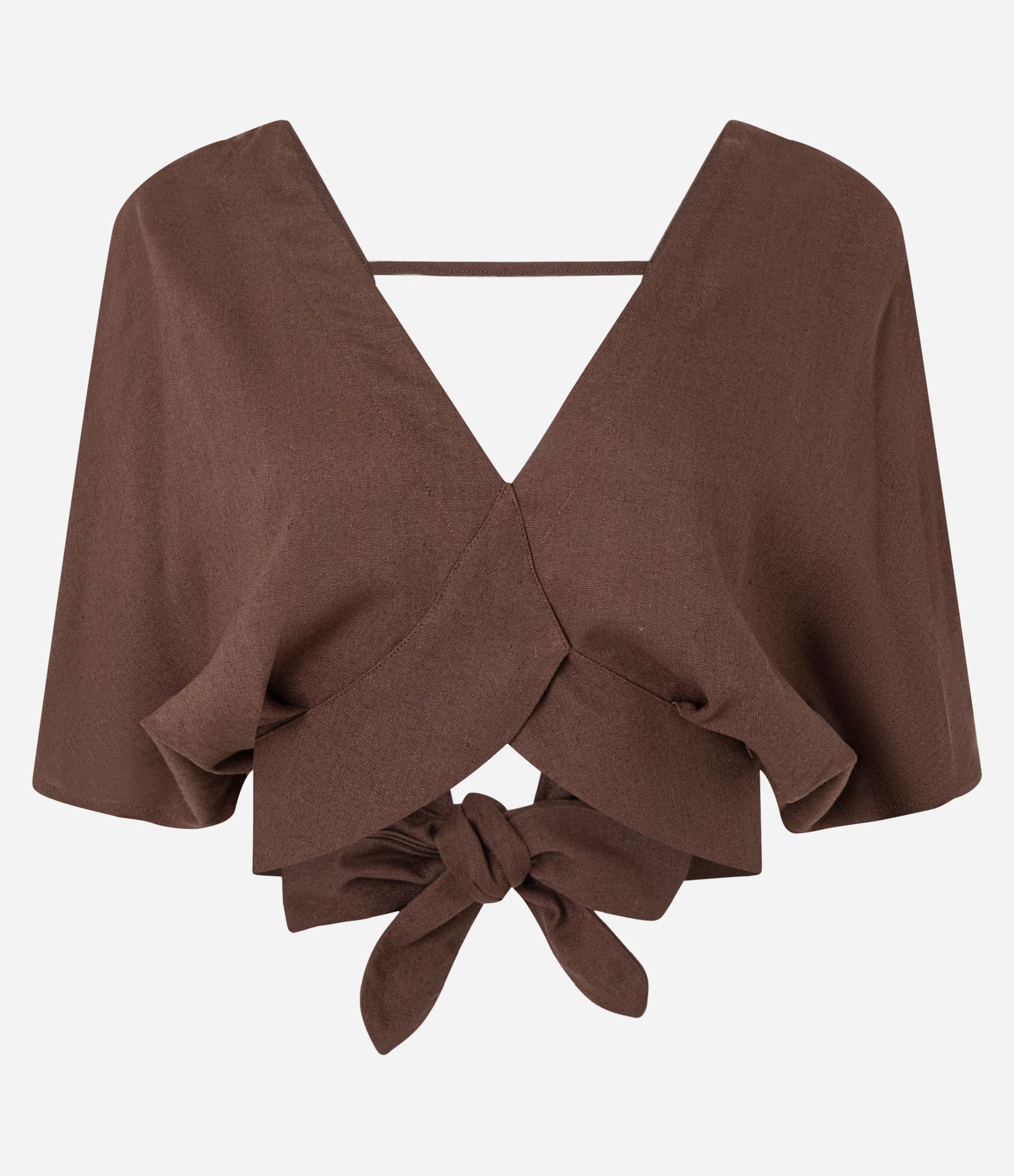 Blusa em Viscolinho com Decote em V e Amarração nas Costas Marrom 5