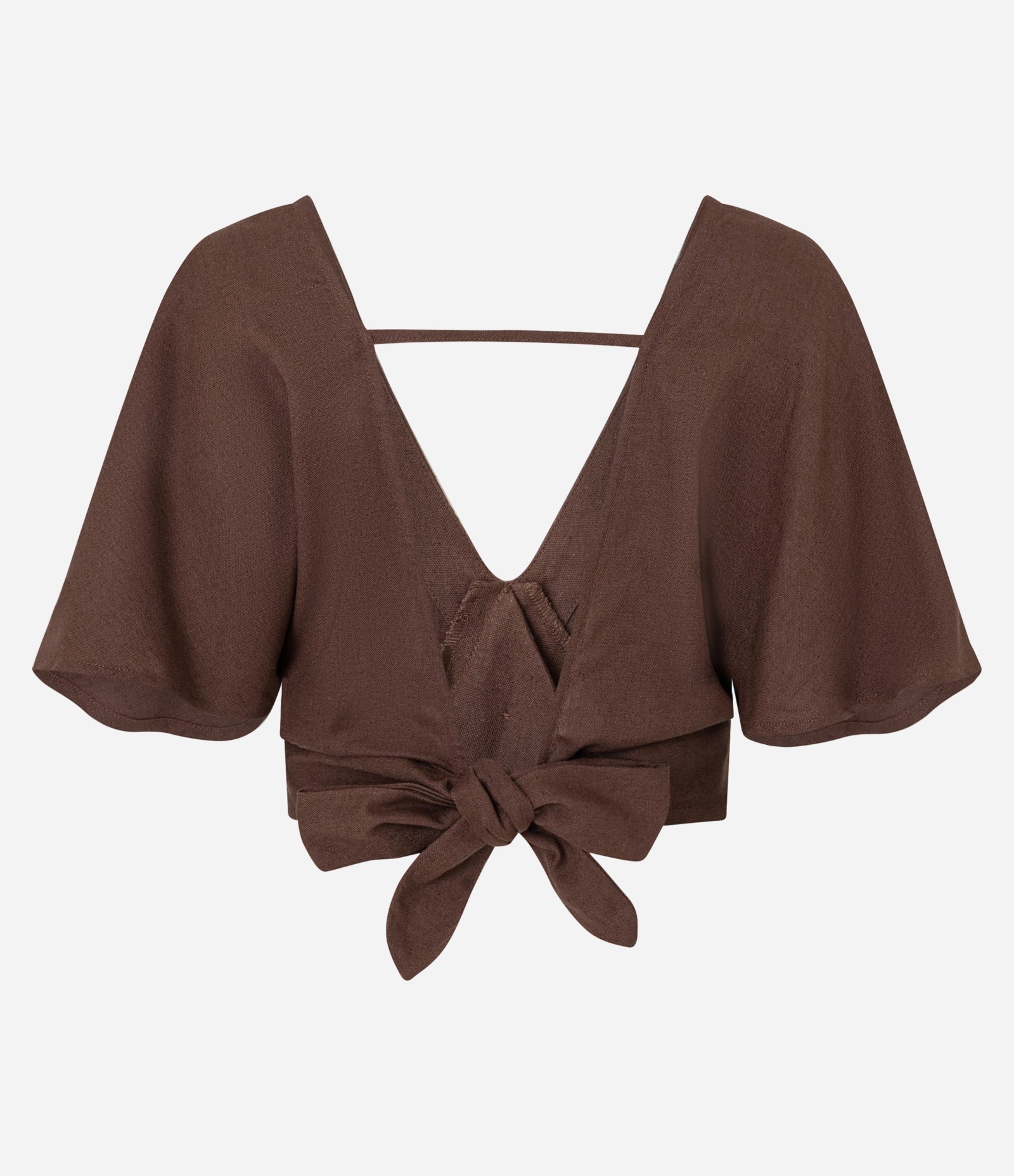 Blusa em Viscolinho com Decote em V e Amarração nas Costas Marrom 6