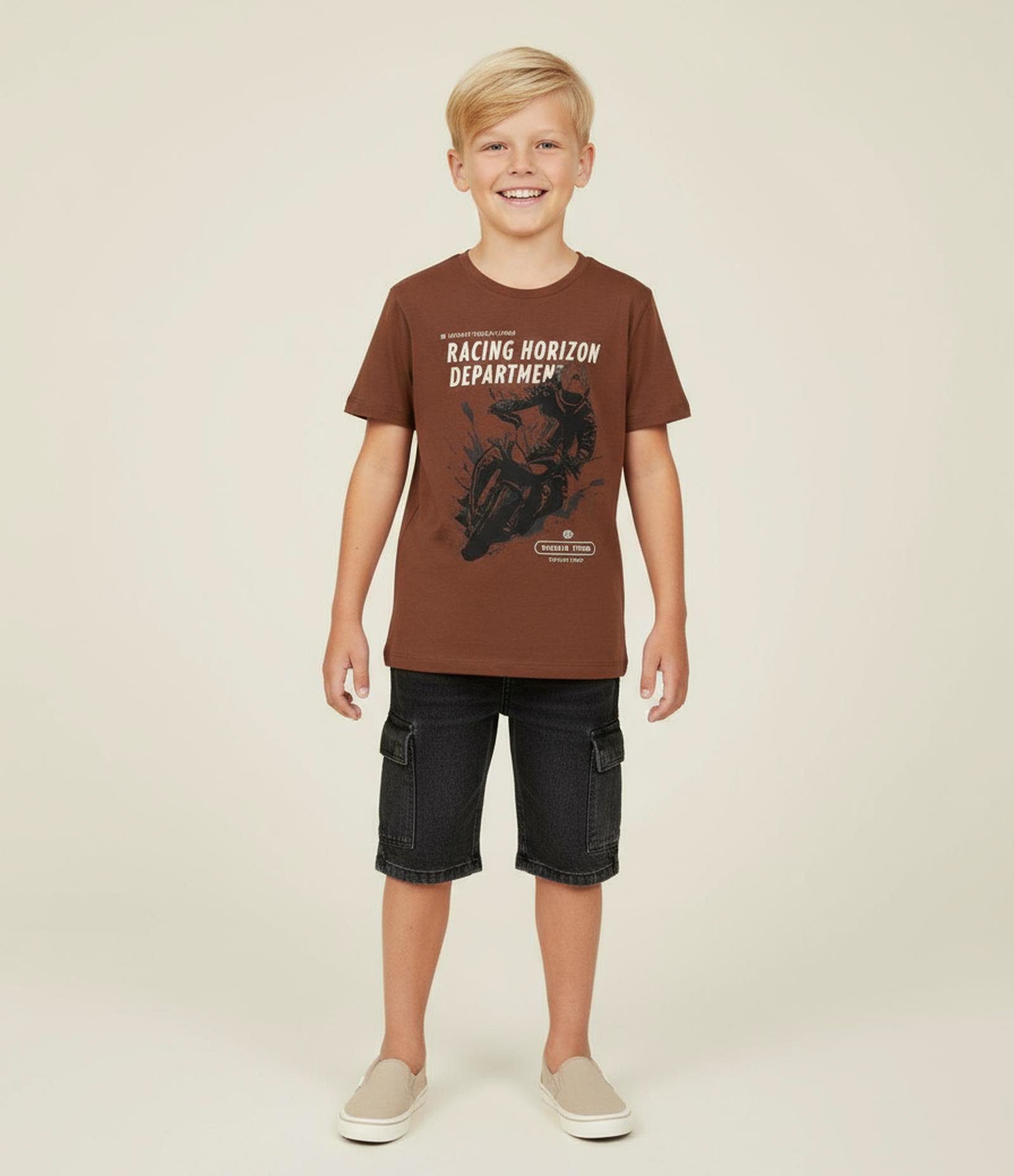 Camiseta Infantil com Estampa Moto Racing - Tam 5 a 14 anos Marrom 1