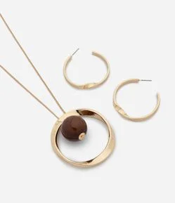 Conjunto de Colar Longo com Resina e Brincos Argola