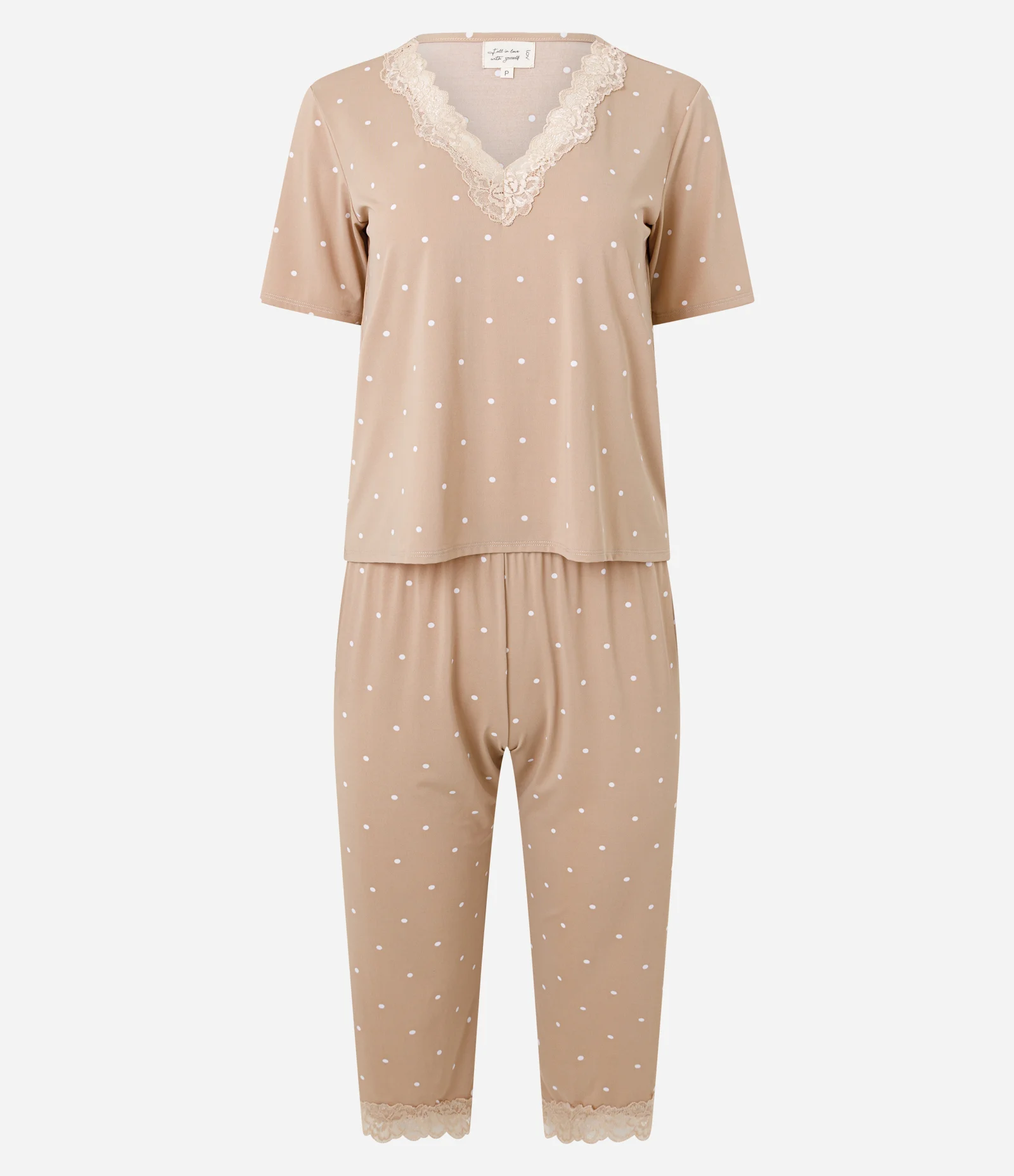 Pijama Capri com Estampa Poá e Renda Aplicada Bege 1