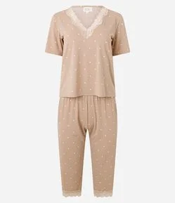 Pijama Capri com Estampa Poá e Renda Aplicada