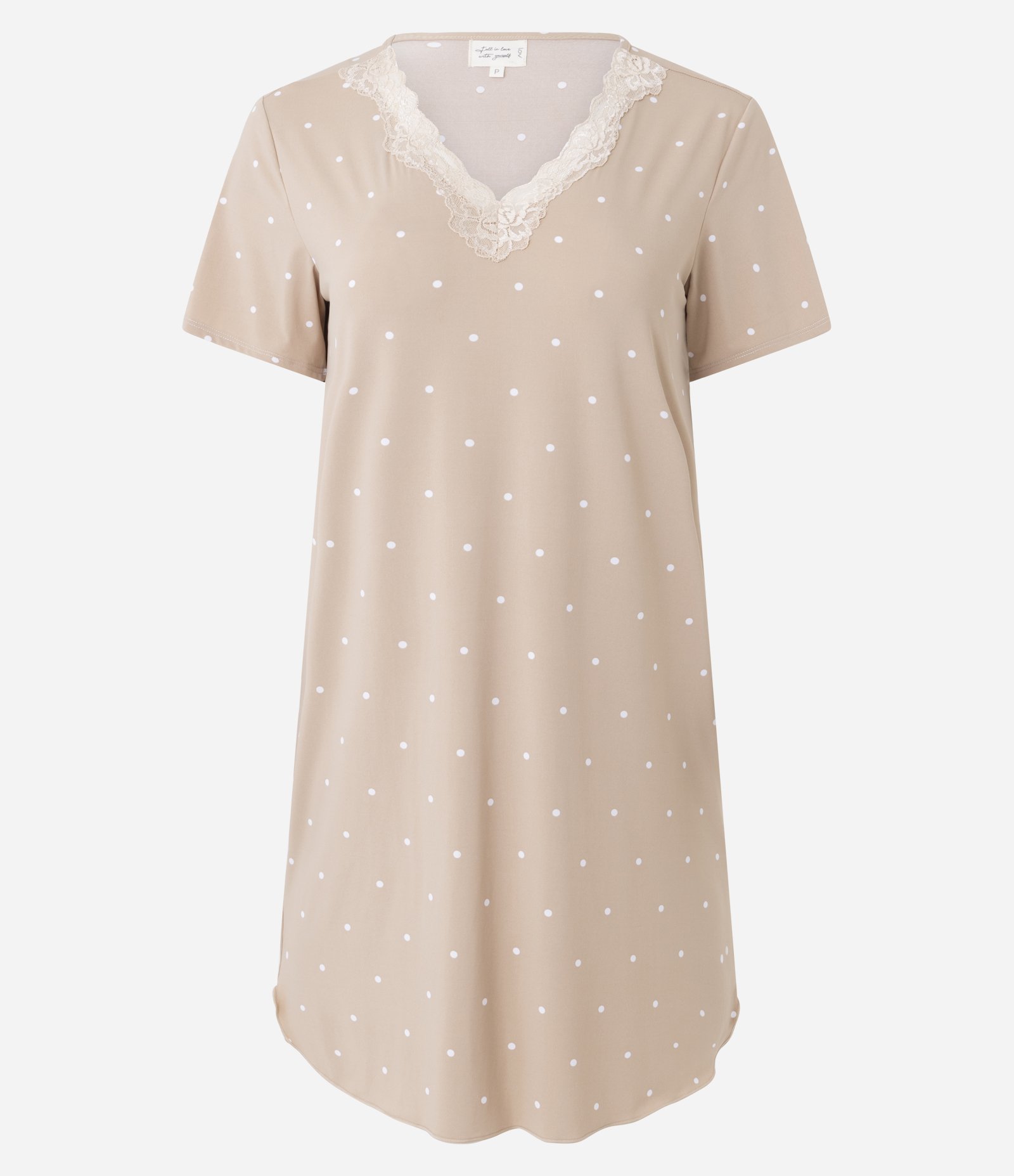 Camisola em Microfibra com Renda Floral e Estampa Poá Bege 4