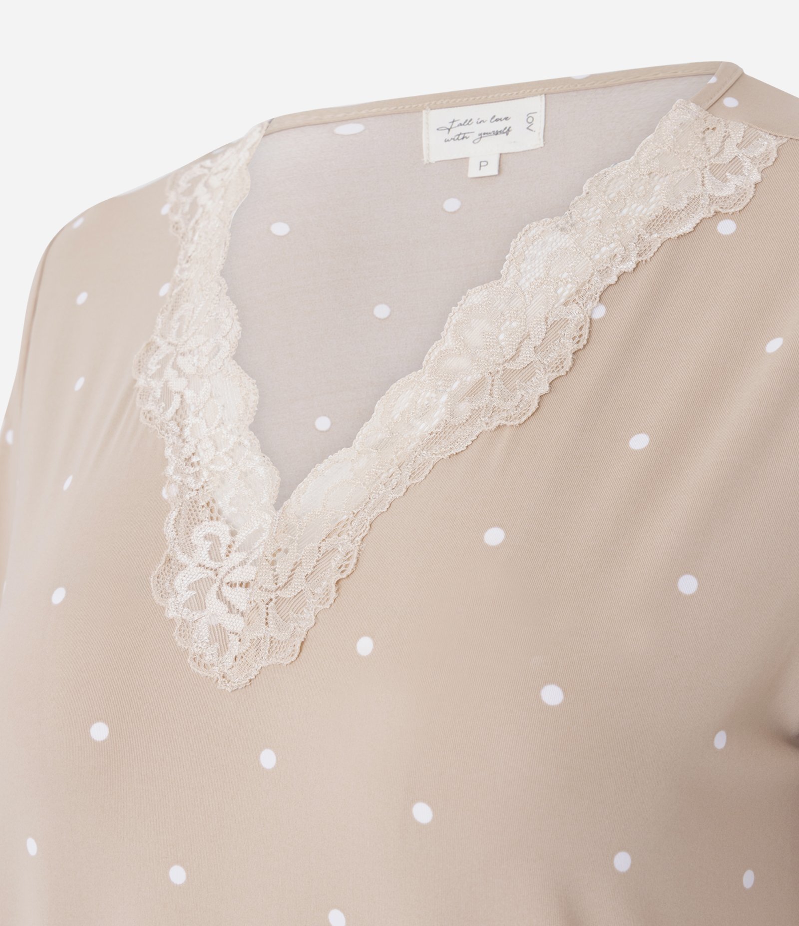 Camisola em Microfibra com Renda Floral e Estampa Poá Bege 5