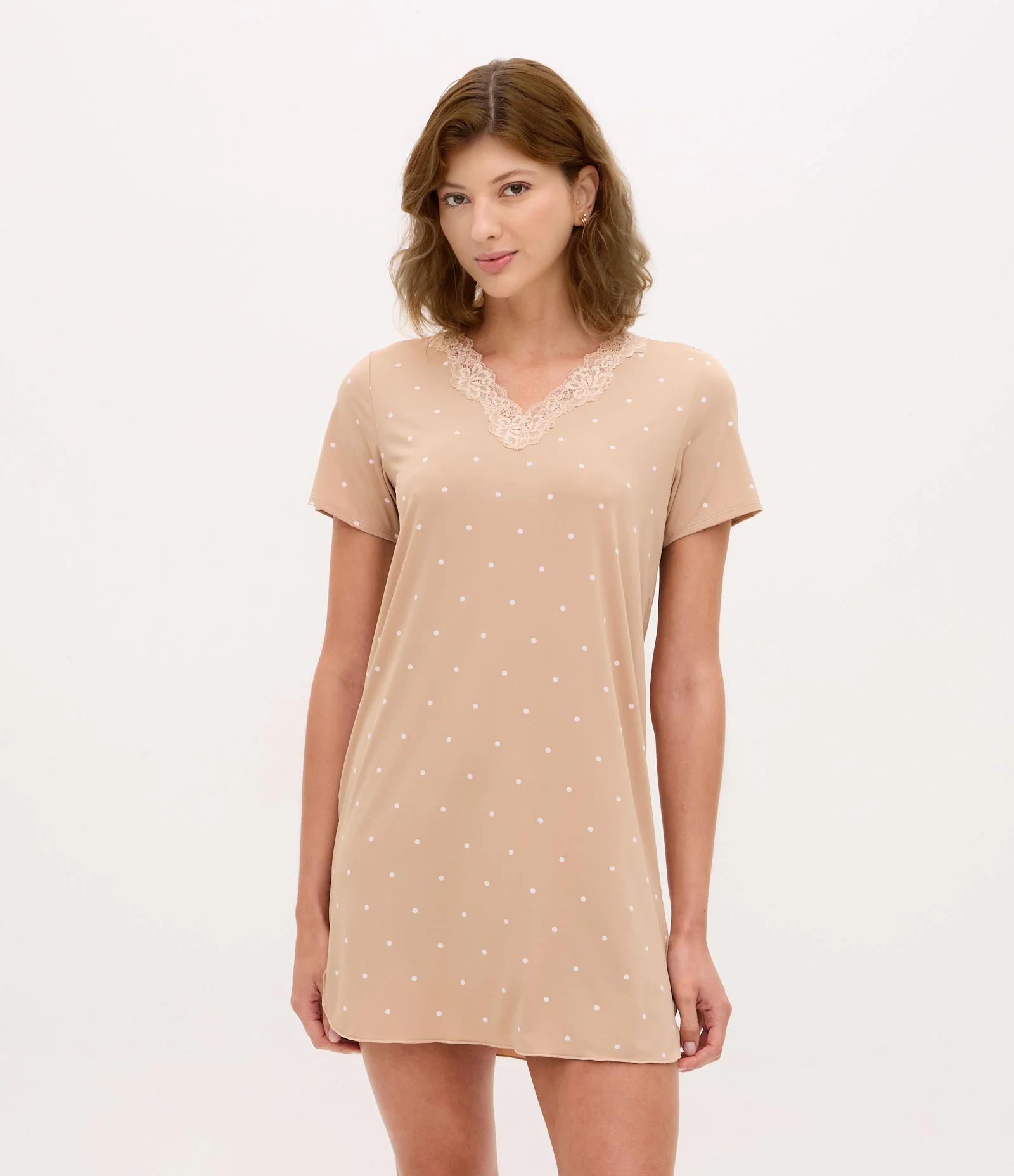 Camisola em Microfibra com Renda Floral e Estampa Poá Bege 1