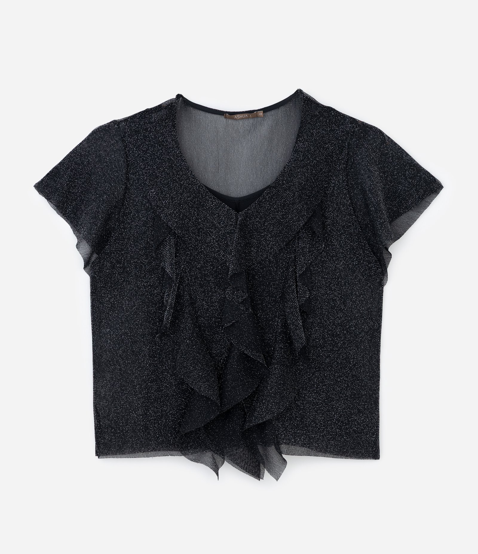 Blusa em Malha Metalizada e com Babados Curve & Plus Size Preto 4