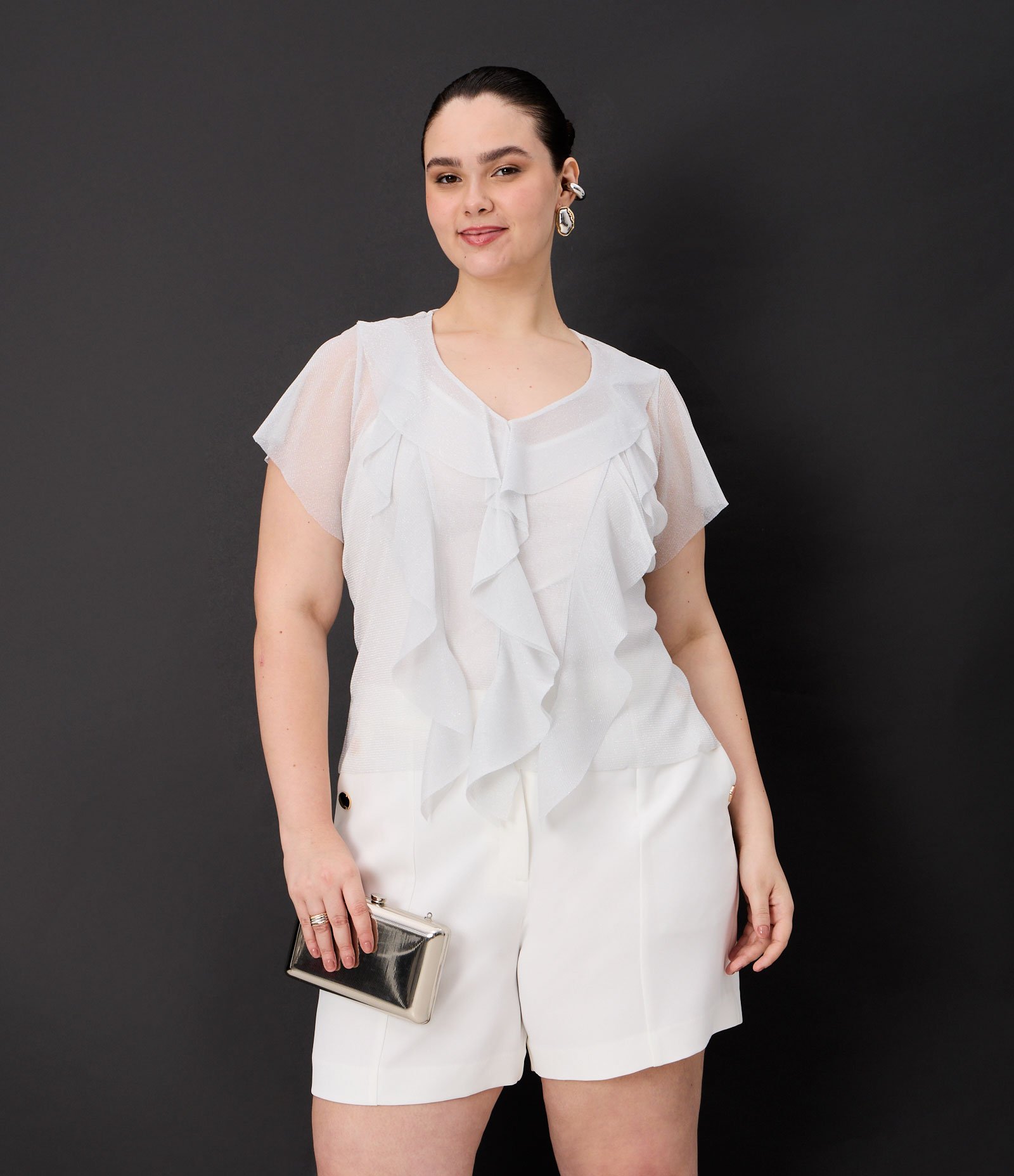 Blusa em Malha Metalizada e com Babados Curve & Plus Size Prata 1