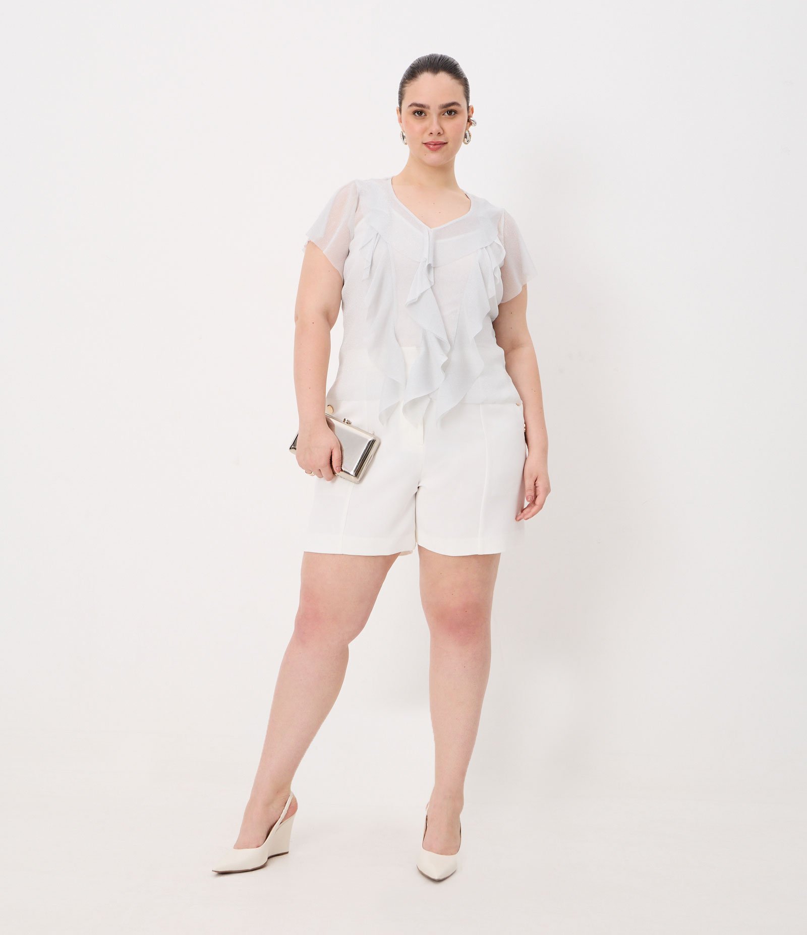 Blusa em Malha Metalizada e com Babados Curve & Plus Size Prata 3