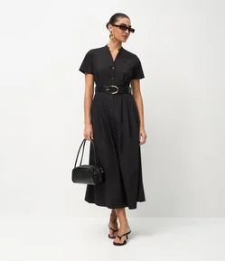 Vestido Midi Com Manga Curta e Cinto com Fivela