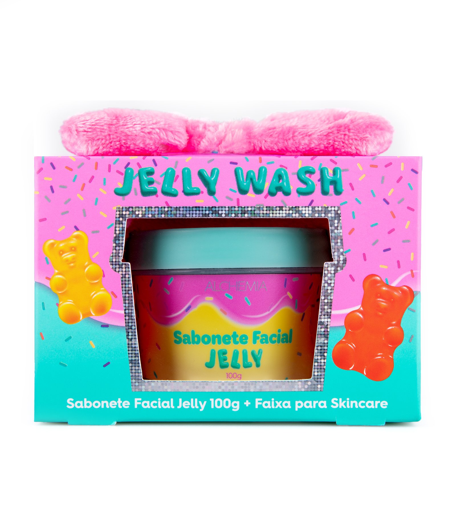 Kit Sabonete Facial Jelly + Faixa para Skincare Alchemia Jelly Wash Rosa KIT 1