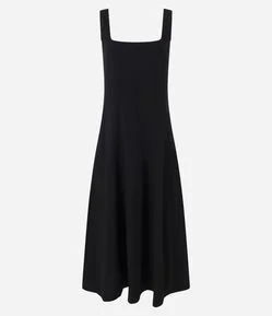 Vestido Evasê Midi em Bengaline com Decote Quadrado e Recortes