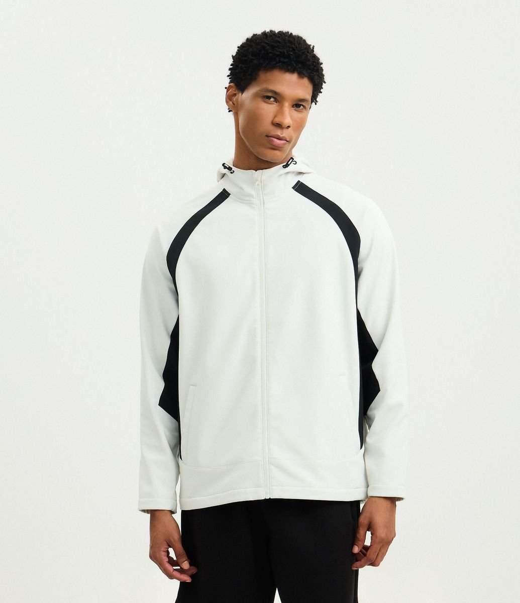 Jaqueta Esportiva em PU Tecnológico com Capuz Off White