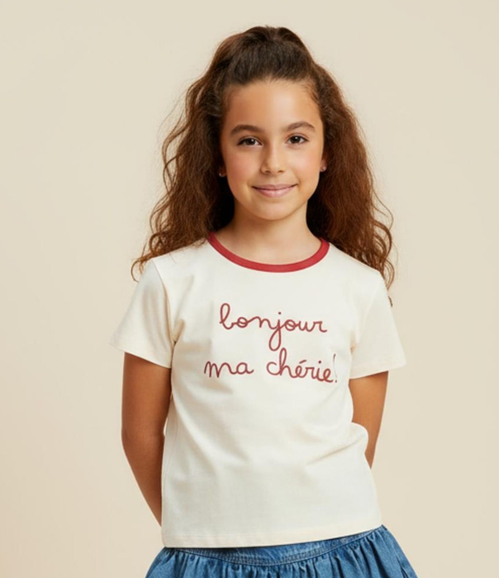 Camiseta Infantil com Lettering Bonjour ma Chérie - Tam 7 a 16 Anos Bege 1