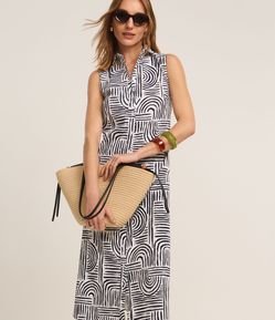 Vestido Evasê Midi em Tricoline com Estampa Geométrica