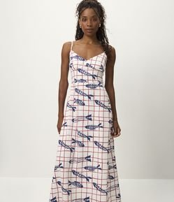 Vestido Midi com Alças Finas e Estampa de Peixes