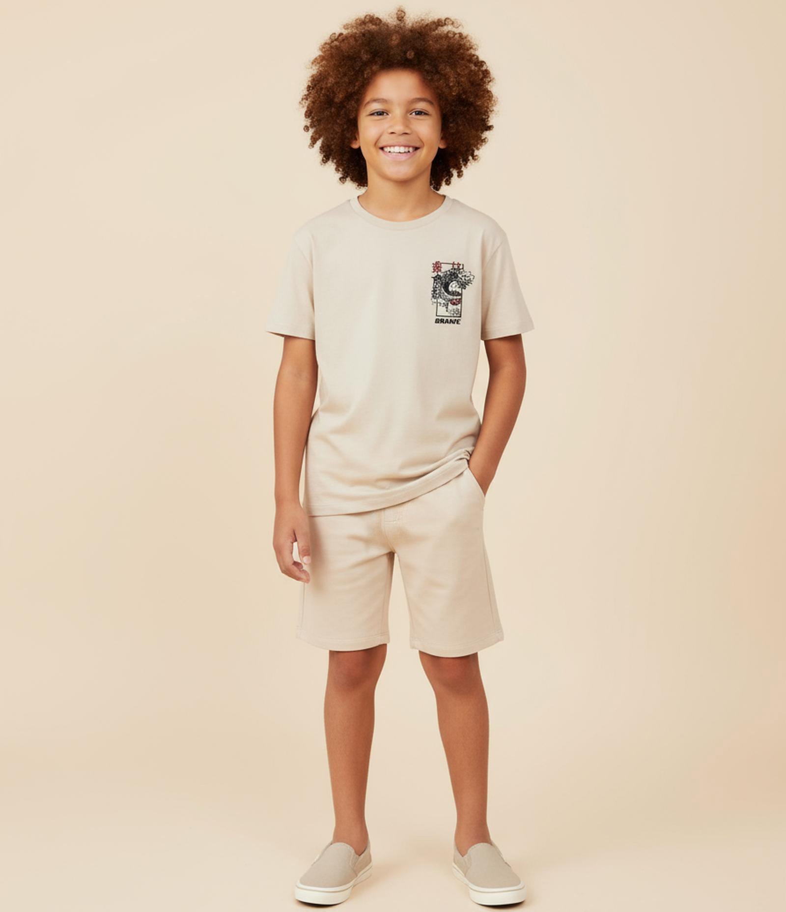 Camiseta Infantil Estampa Frente e Costas Dragão Japonês - Tam 5 a 14 Anos Bege 1