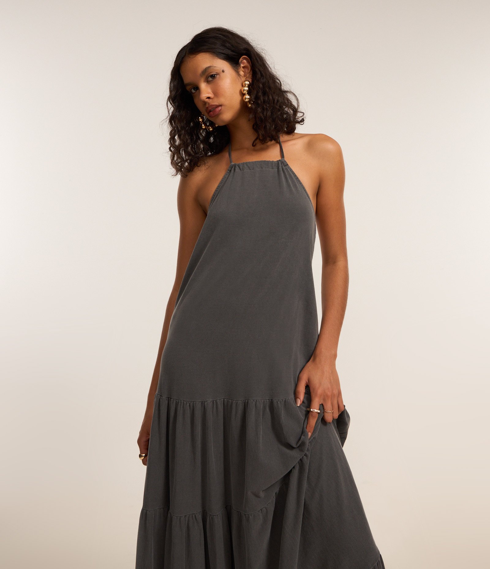 Vestido Evasê Frente Única em Algodão com Franzidos Perto Estonado 2